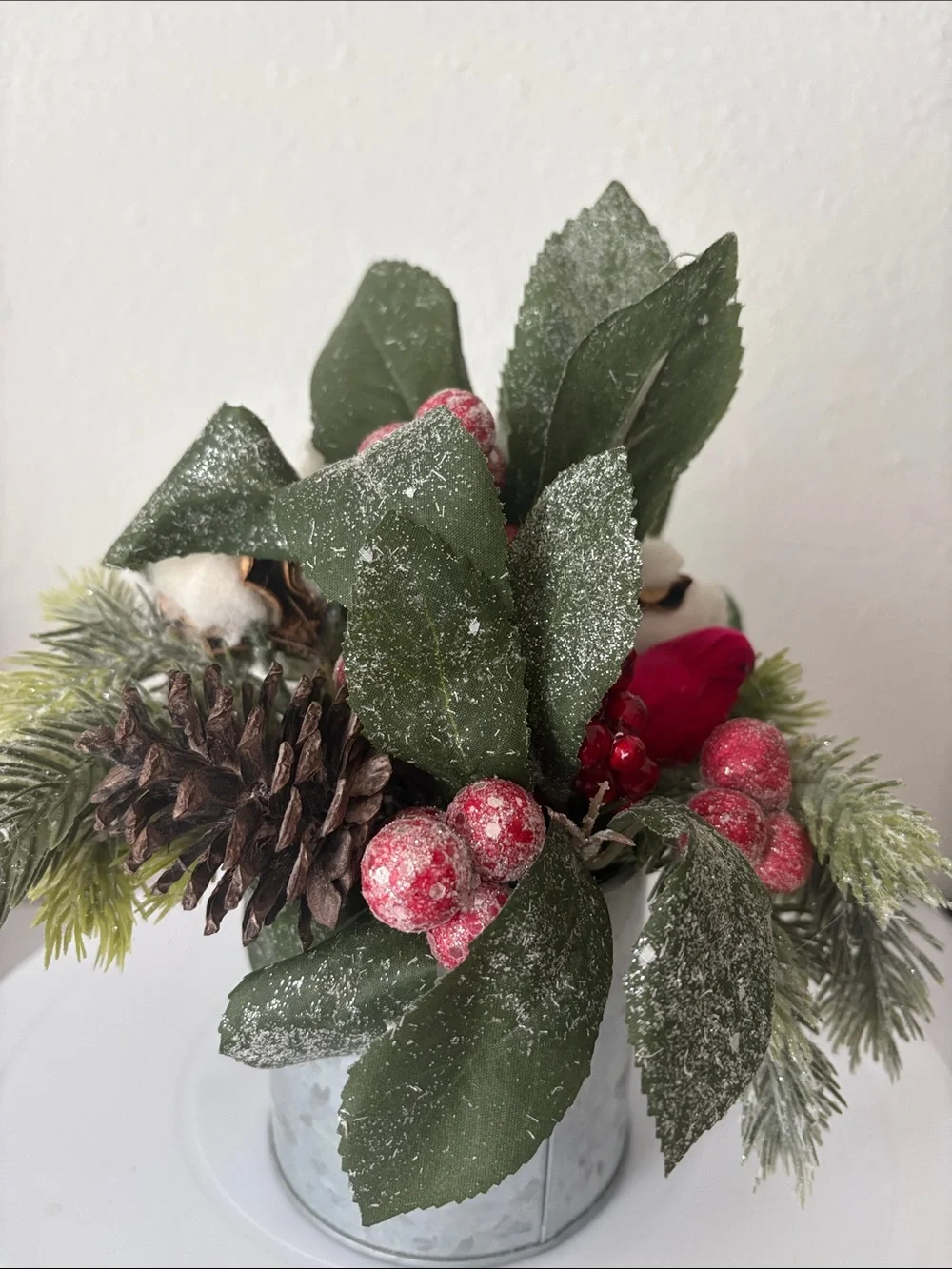 Holiday Pine and Berry Table Centerpiece - Green & Red 8 1-2” t